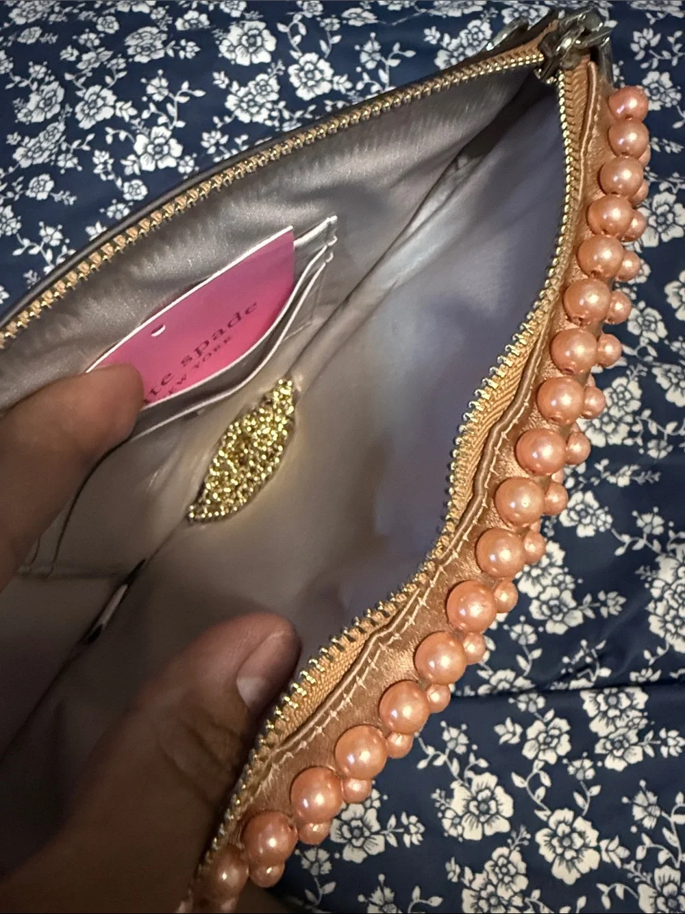 kate spade gold crystal pizza slice wristlet with red accents